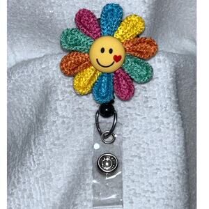 Happy Face Rainbow Flower Retractable ID Holder Badge Reel Secure Clip Nurse
